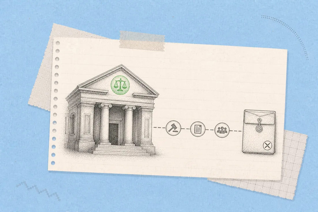Courthouse columns with Ripple SEC case timeline graphic