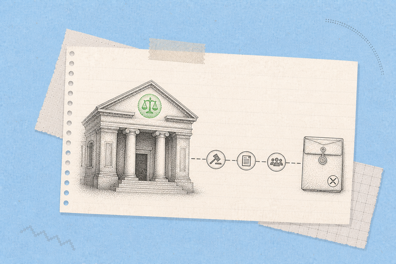 Courthouse columns with Ripple SEC case timeline graphic