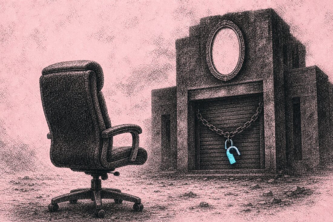 Vacant executive chair facing a shuttered cryptocurrency exchange with a broken padlock