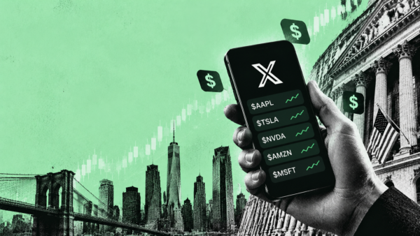 Smartphone showing stock trading symbols against a mint-green financial market backdrop with charts and city imagery.