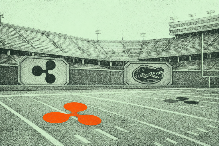 XRP logo marks on a college football field at Florida Stadium