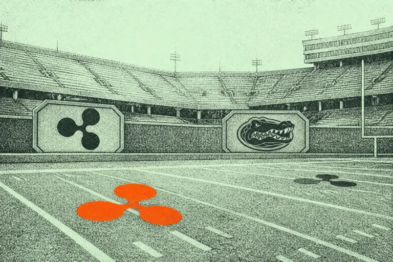 XRP logo marks on a college football field at Florida Stadium