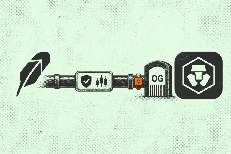 Robinhood feather mark beside Crypto.com and OG.com prediction market rails