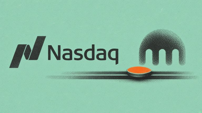 Nasdaq and Payward marks beside tokenized stock rails on an always-on market board