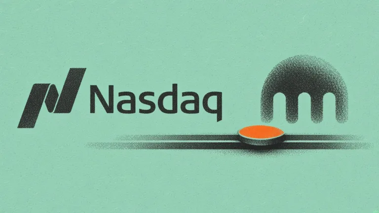 Nasdaq and Payward marks beside tokenized stock rails on an always-on market board