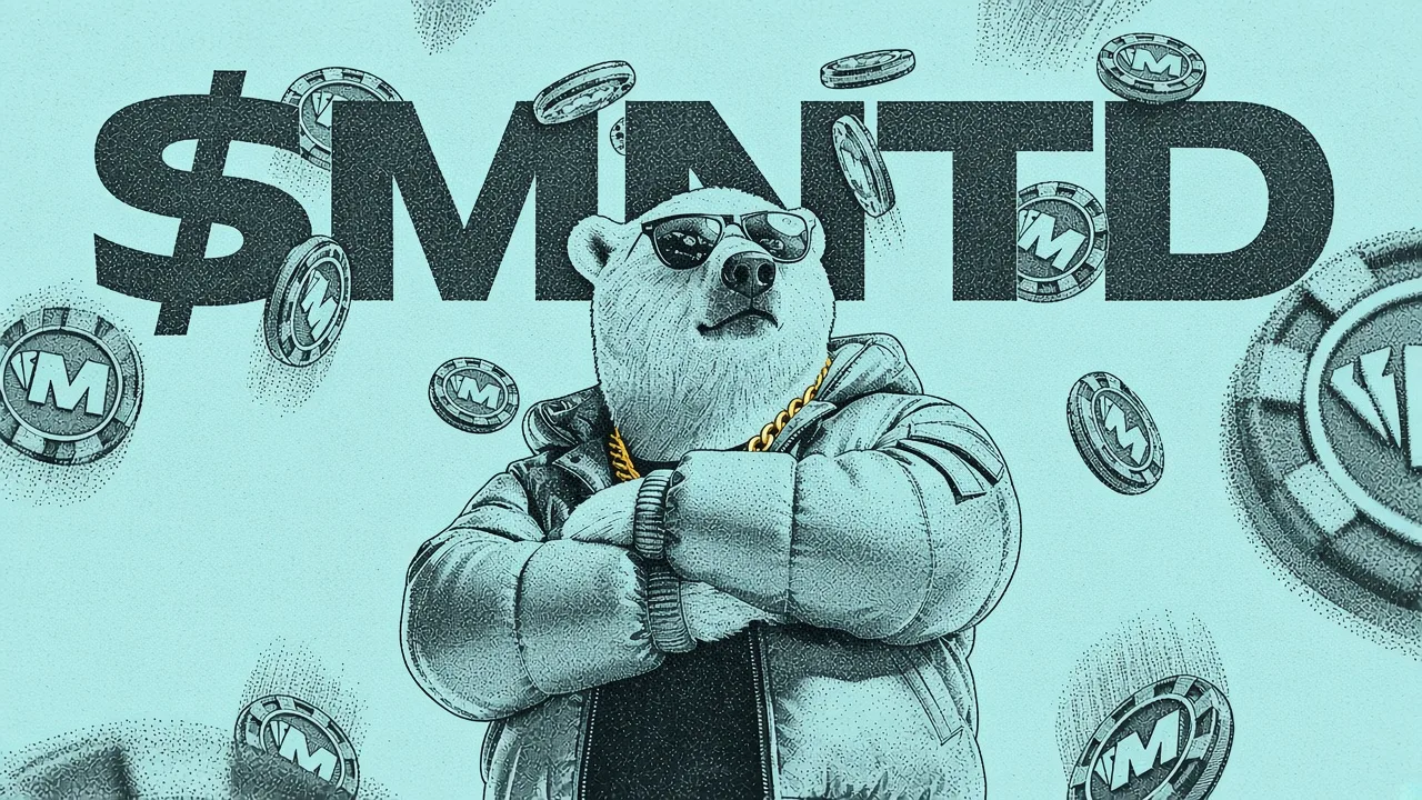 Polar bear mascot in teal jacket with floating MNTD tokens